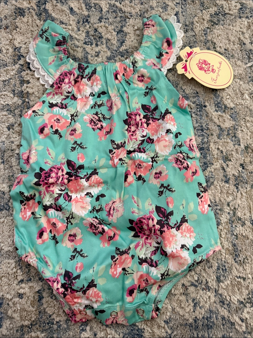 Floral Ruffled Baby Romper in Aqua and Pink